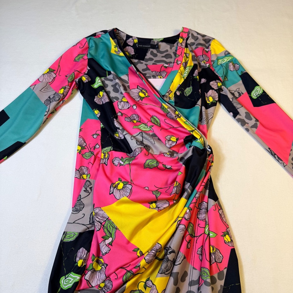 Thais Rodrigues Faux Wrap Dress P‎ Multicolor Floral Leopard Geometric Ruched - Picture 12 of 16